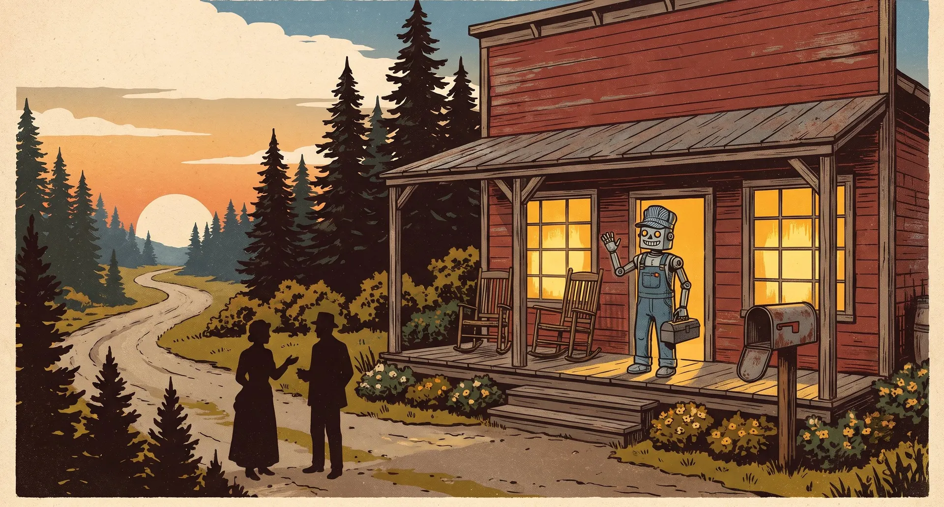 An old general store with a wooden porch at sunset on a pine-lined road, where a handyman robot in denim overalls waves from the steps