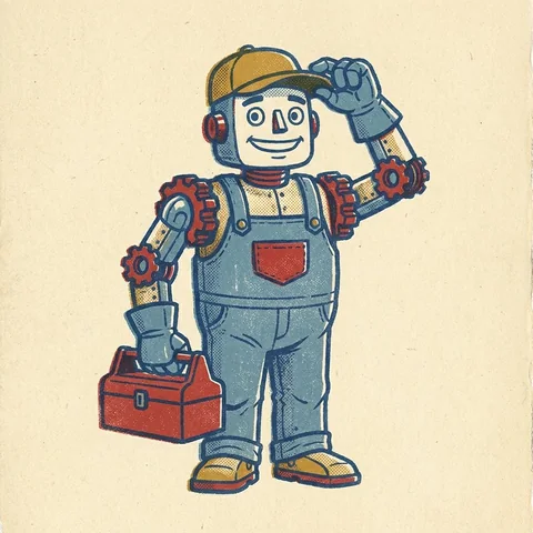 Hank, the handyman robot in denim overalls and a cap, holding a toolbox